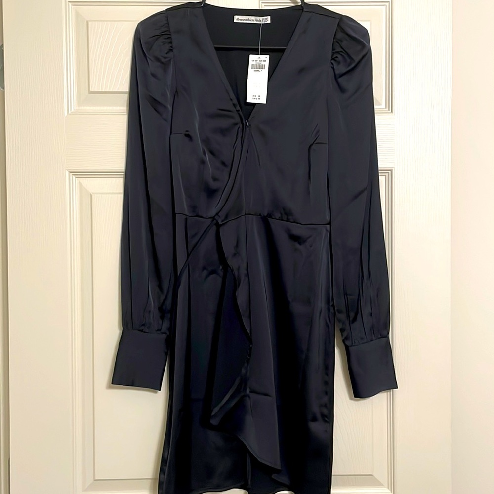 Black satin Abercrombie long sleeved wrap dress. Never worn. New with tags.